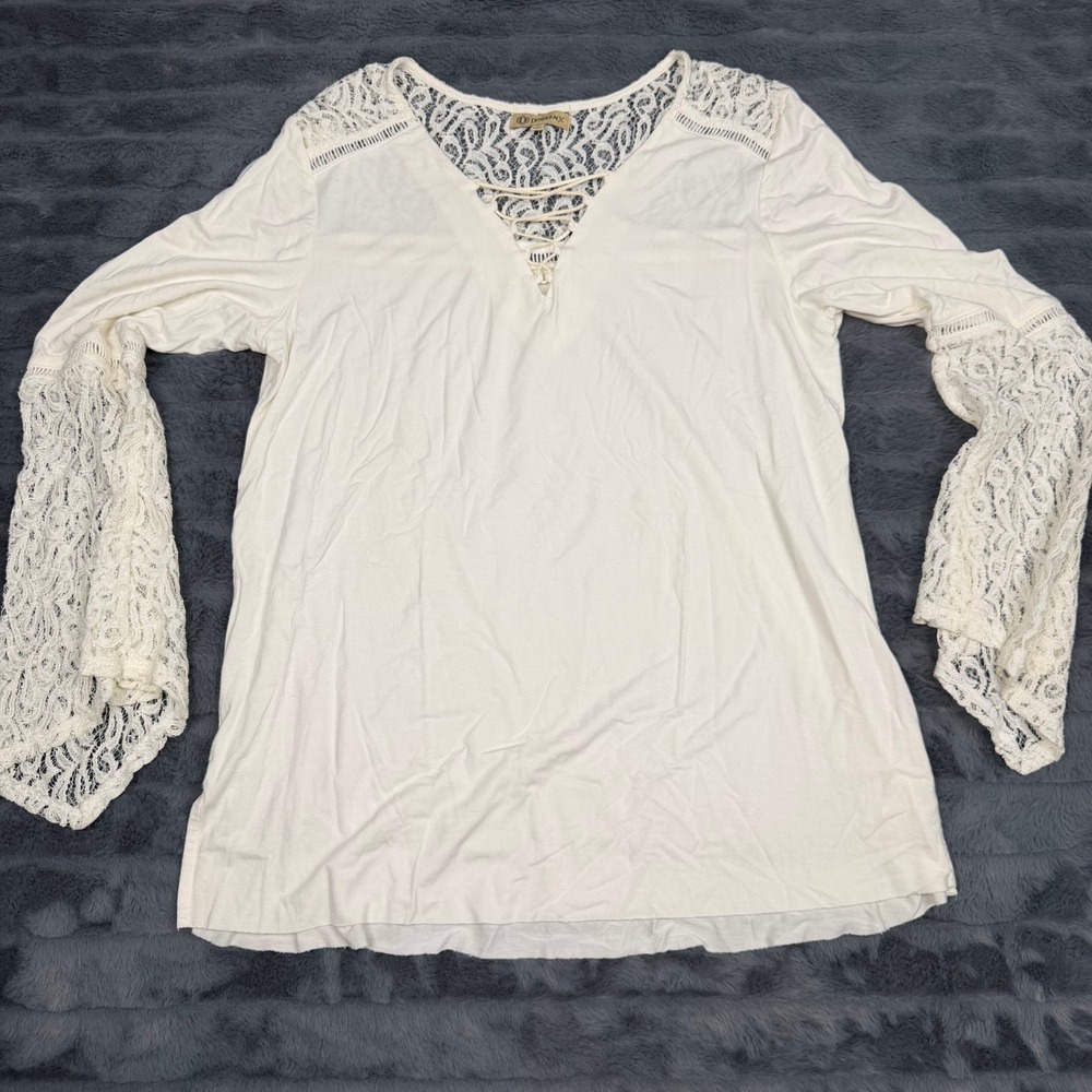 Democracy Womens Lace Bell Sleeve Top Cream Ivory Boho V-Neck Blouse L B9575VU8E